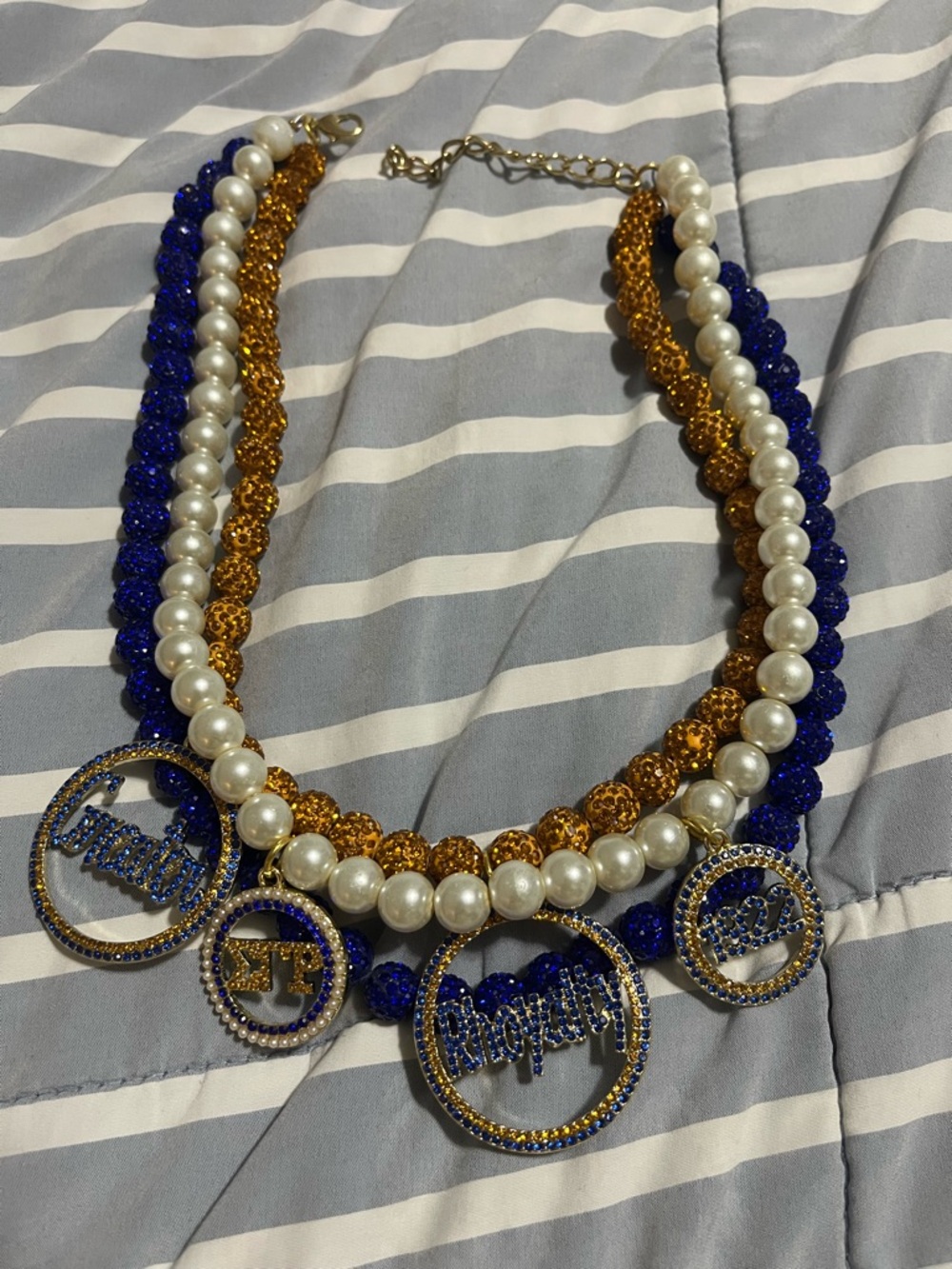Sigma Gamma Rho Pearl and Beaded Statement Necklace in Blue and Gold